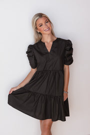 NOTCH TIER PUFF SLEEVE DRESS