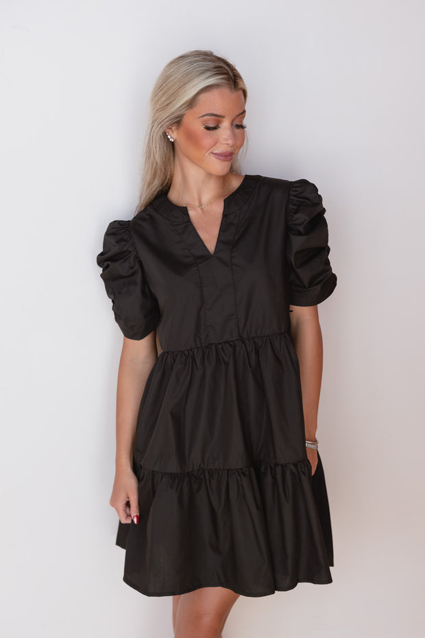 NOTCH TIER PUFF SLEEVE DRESS