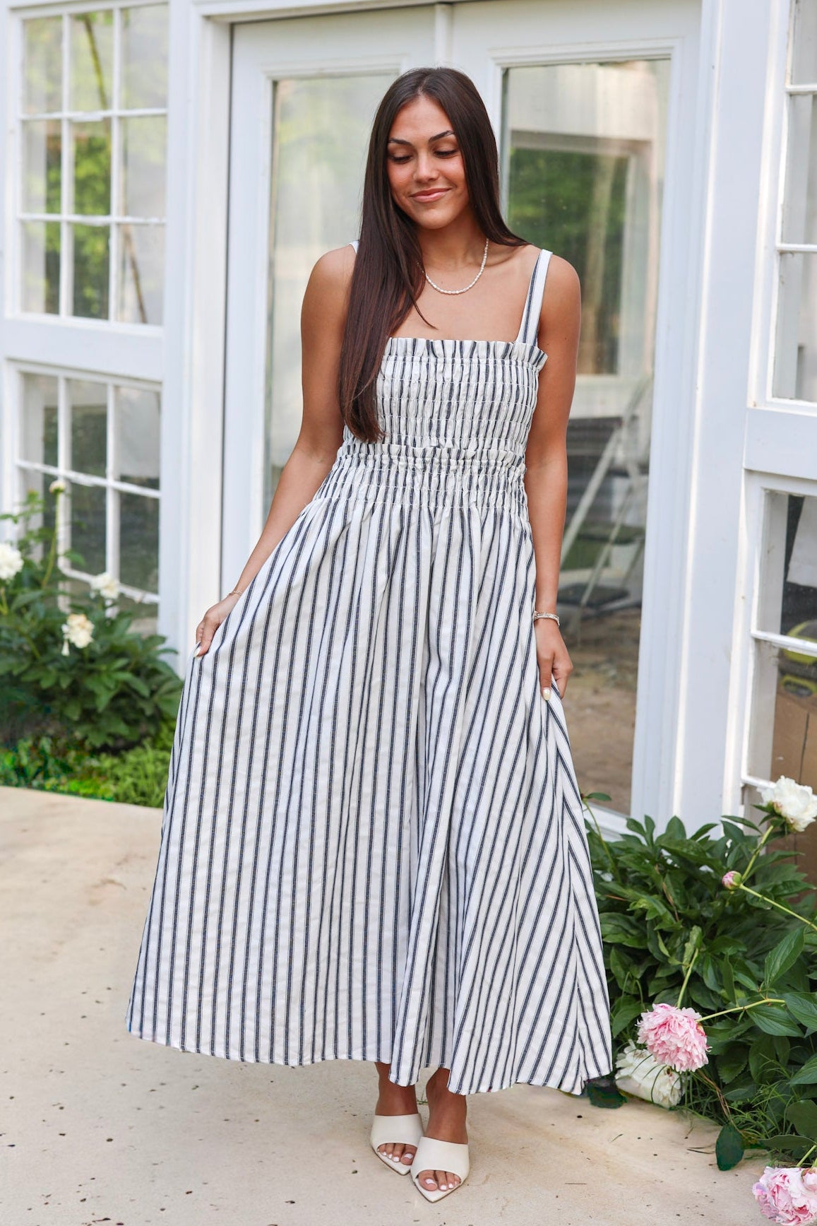 Smocked Bodice Adjustable Straps Striped Dress