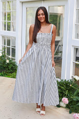Smocked Bodice Adjustable Straps Striped Dress