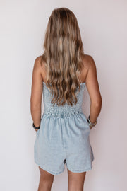 SMOCKED DENIM ROMPER