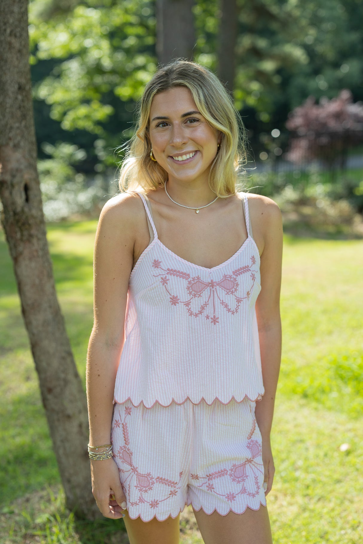 Bow Embroidered Pajama Shorts