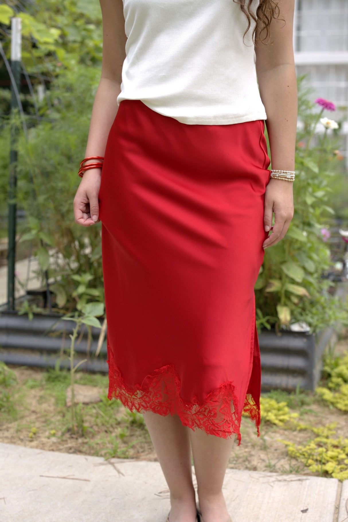 Satin Lace Hem Pencil Skirt