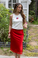 Satin Lace Hem Pencil Skirt