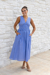 Striped Cotton Poplin Shirred Waist Midi Dress