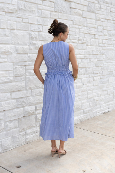 Striped Cotton Poplin Shirred Waist Midi Dress