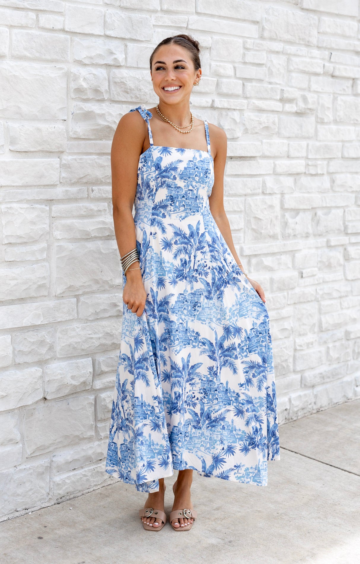 Laguna Palm Tie Shoulder Midi Dress