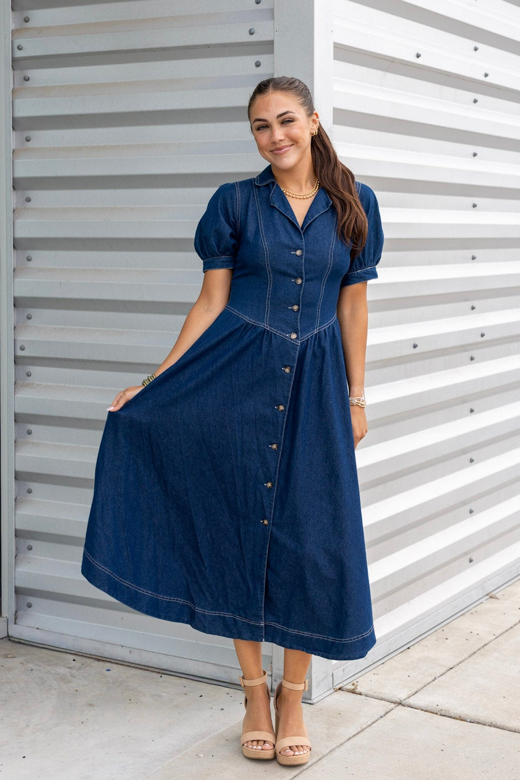 Seasonless Denim-Washed Fit And Flare Midi Dress Dark Denim / Small