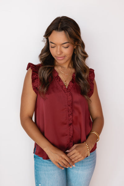 SATIN VNECK RUFFLE TOP