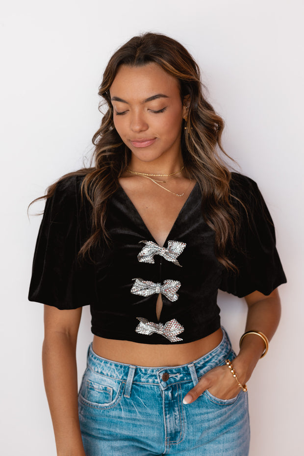 JEWEL BOW PUFF SLEEVE TOP