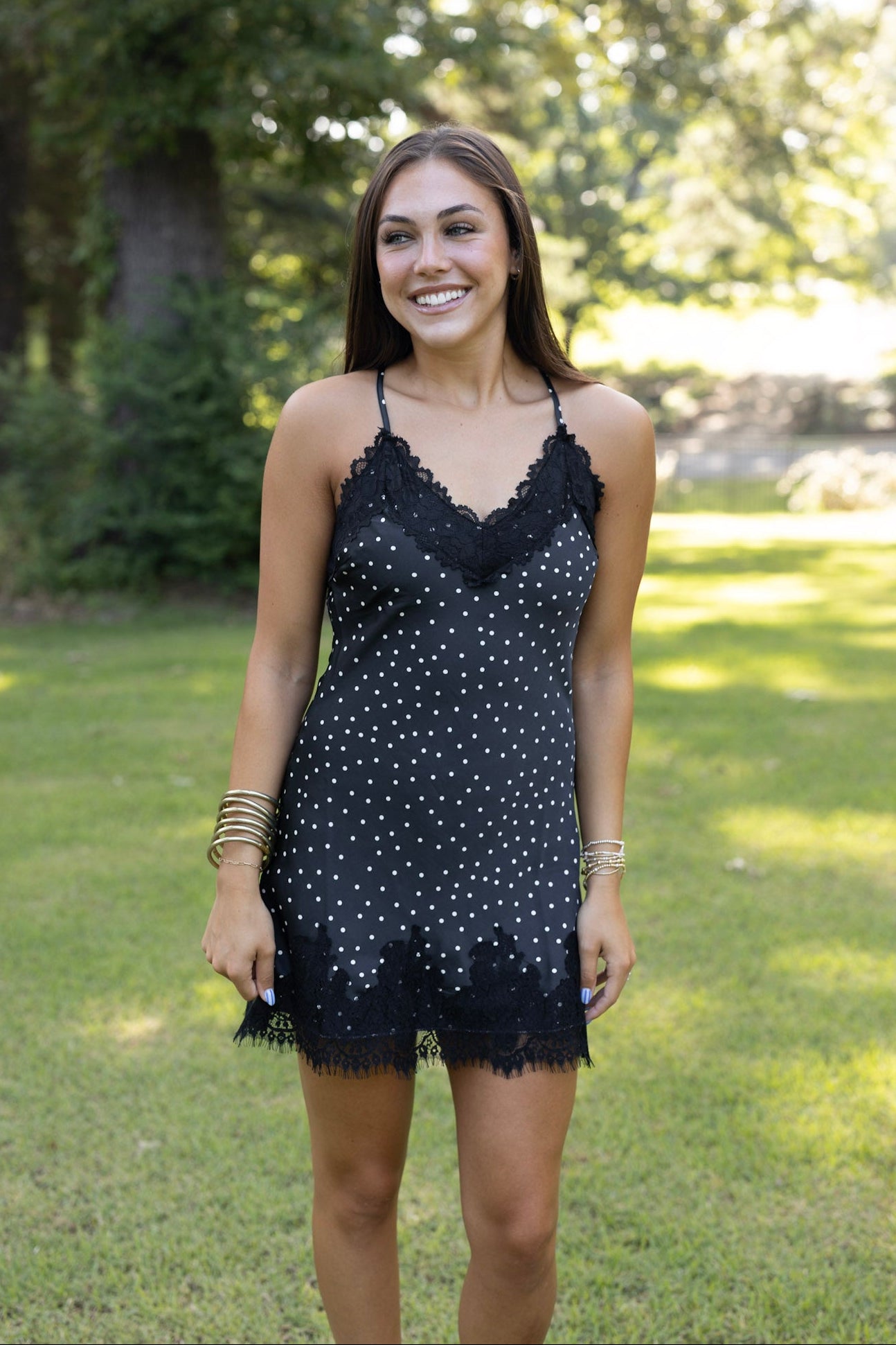 Lace Trim Polka Dot Slip Mini Dress Black-white Dot / Medium