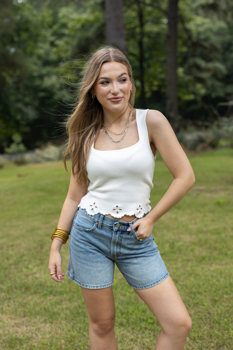 Eyelet Hem Square Neck Knit Tank