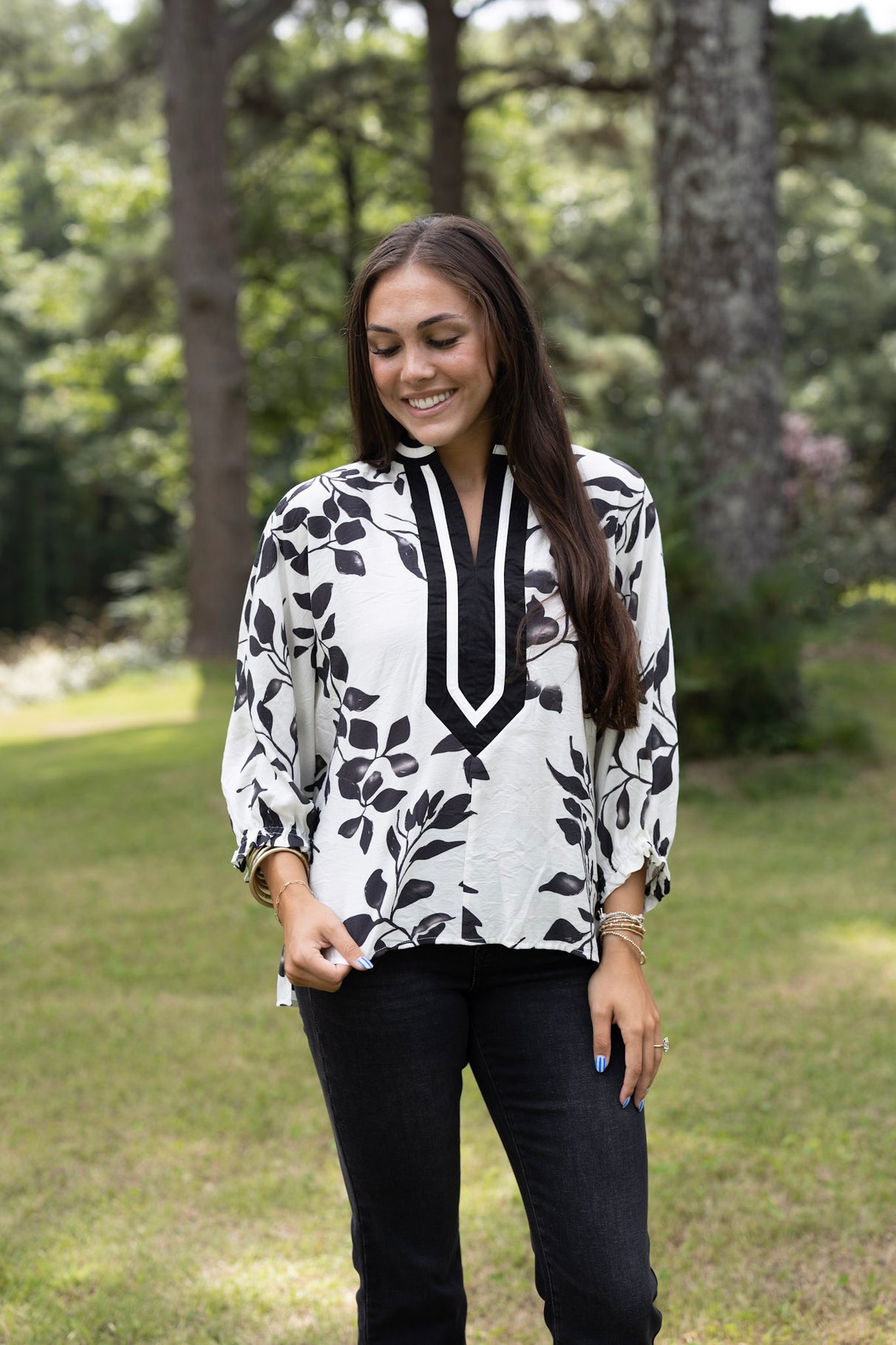 Botanical Print Notched Neck Top