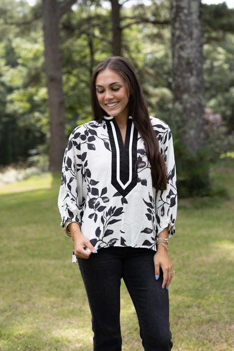 Botanical Print Notched Neck Top