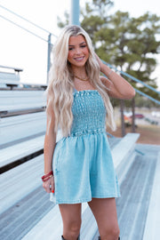 SMOCKED DENIM ROMPER