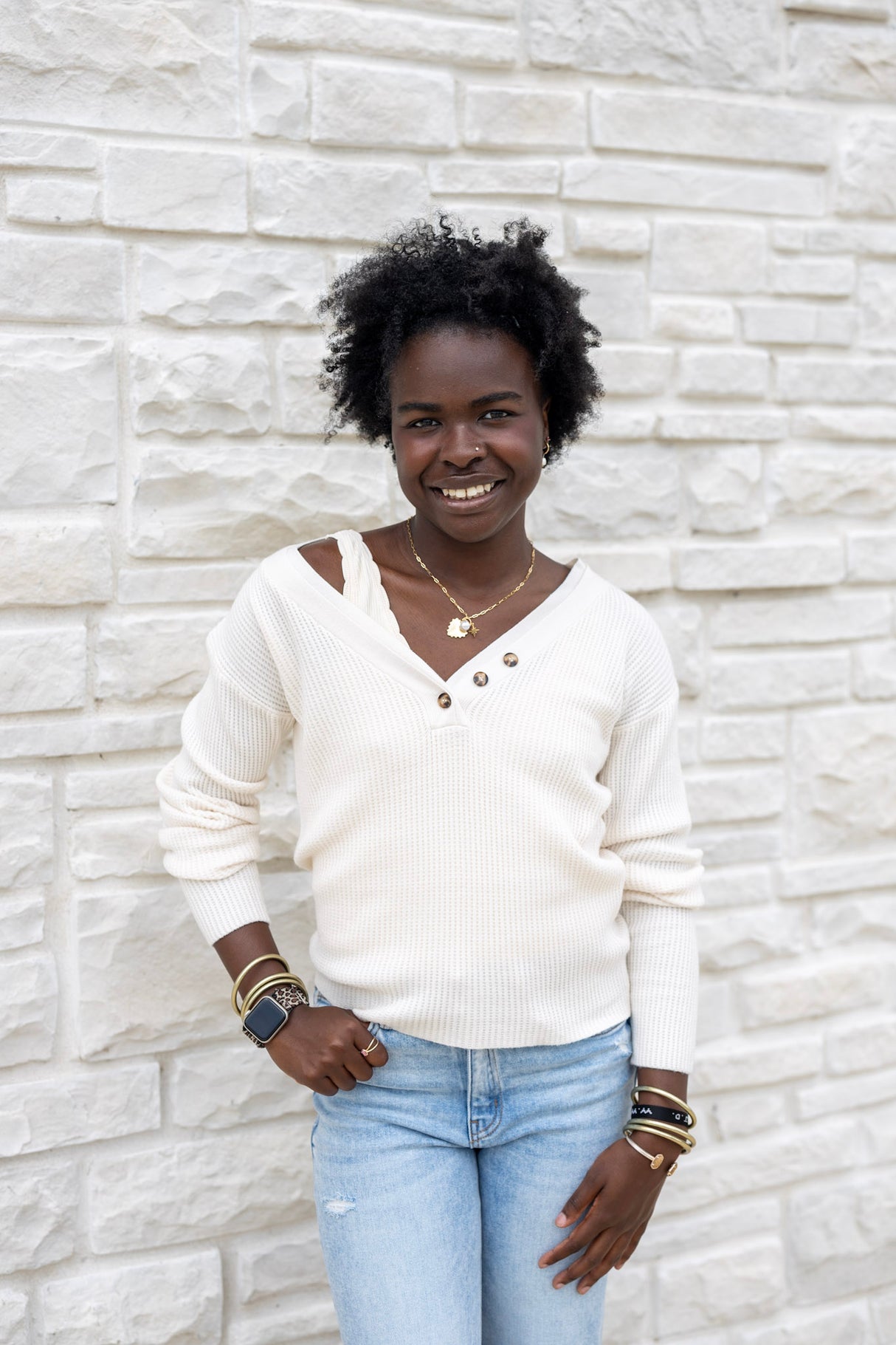 V-Neck Waffle Knit Top