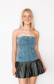 DENIM & LEATHER PLEAT DRESS