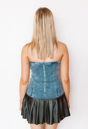 DENIM & LEATHER PLEAT DRESS