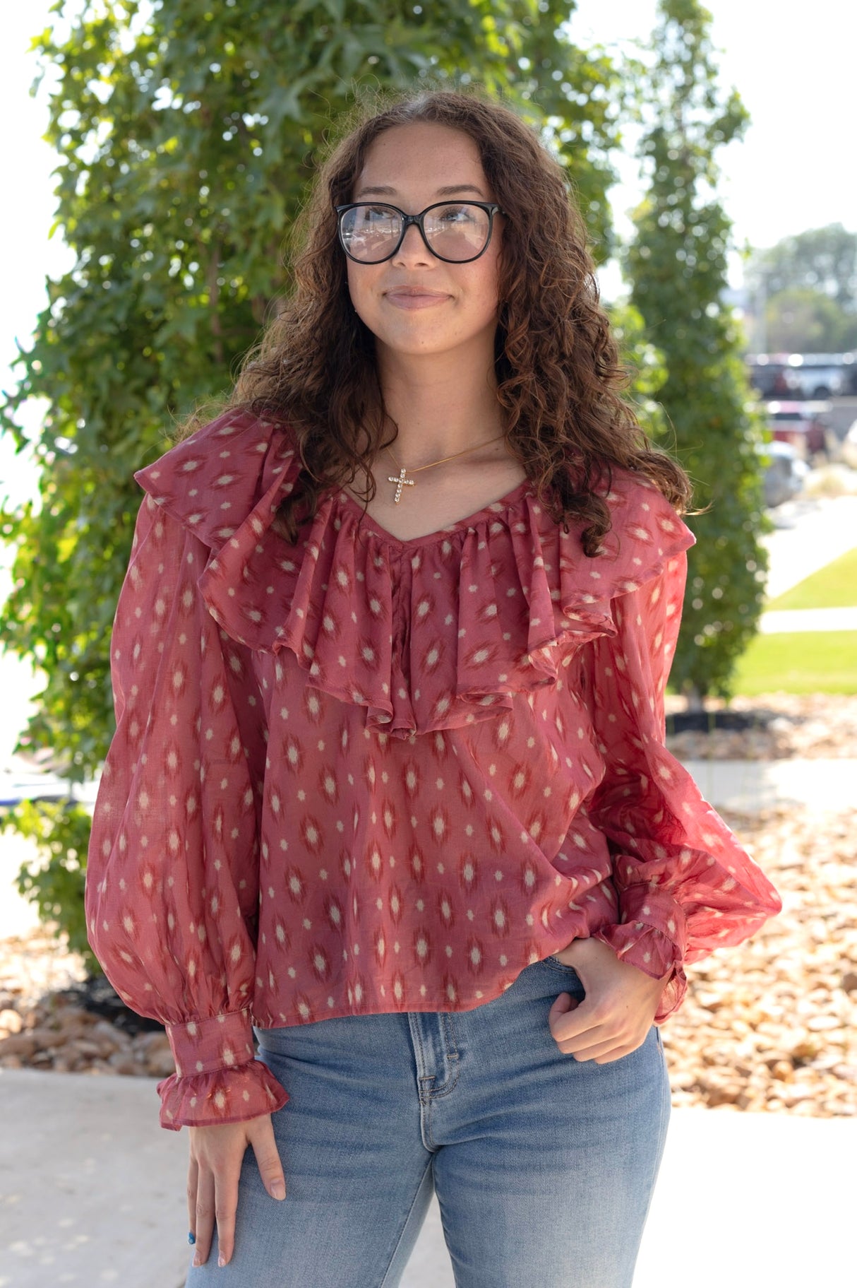 Printed Woven Ruffle Long Sleeve Top