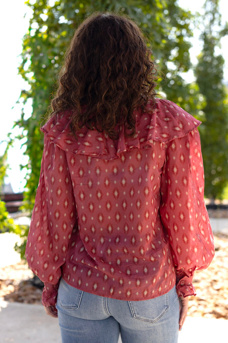 Printed Woven Ruffle Long Sleeve Top