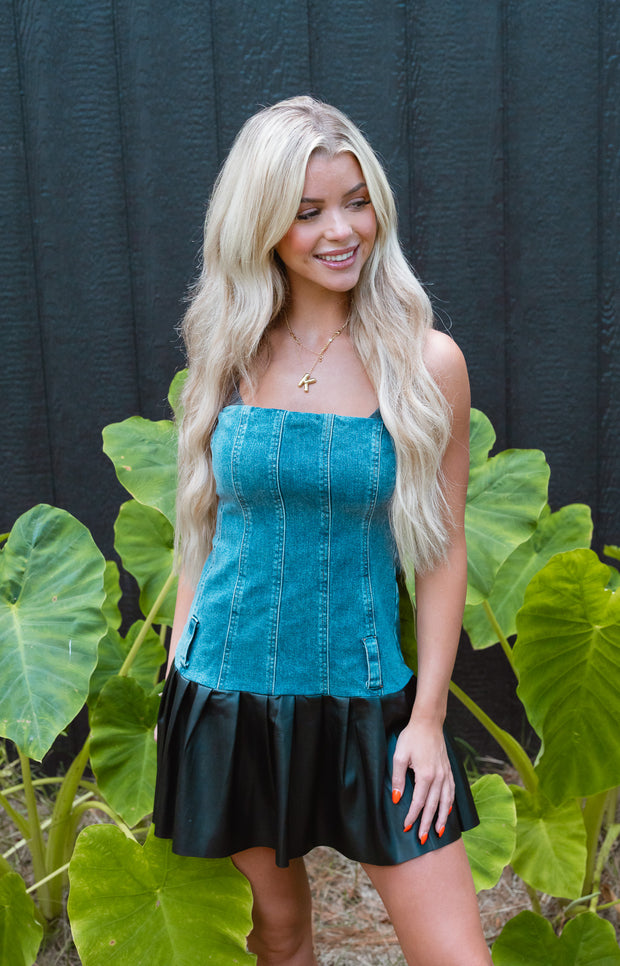 DENIM & LEATHER PLEAT DRESS