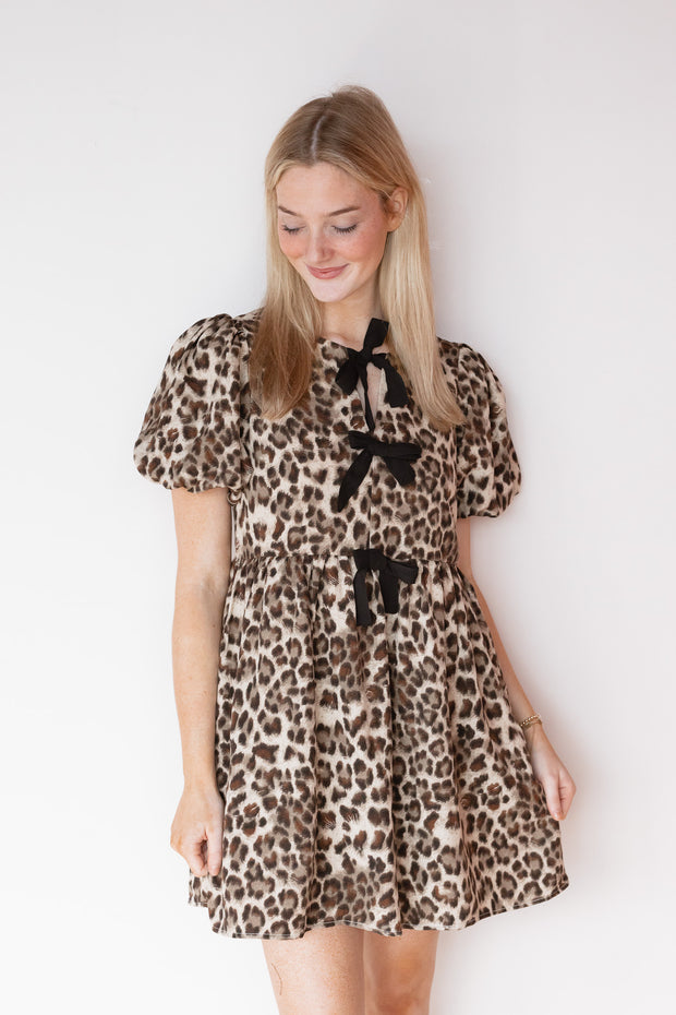 LEOPARD BOW DETAIL DRESS