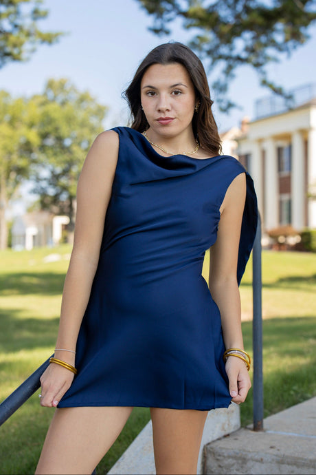Cowl Neck Back Open Scarf Satin Mini Dress