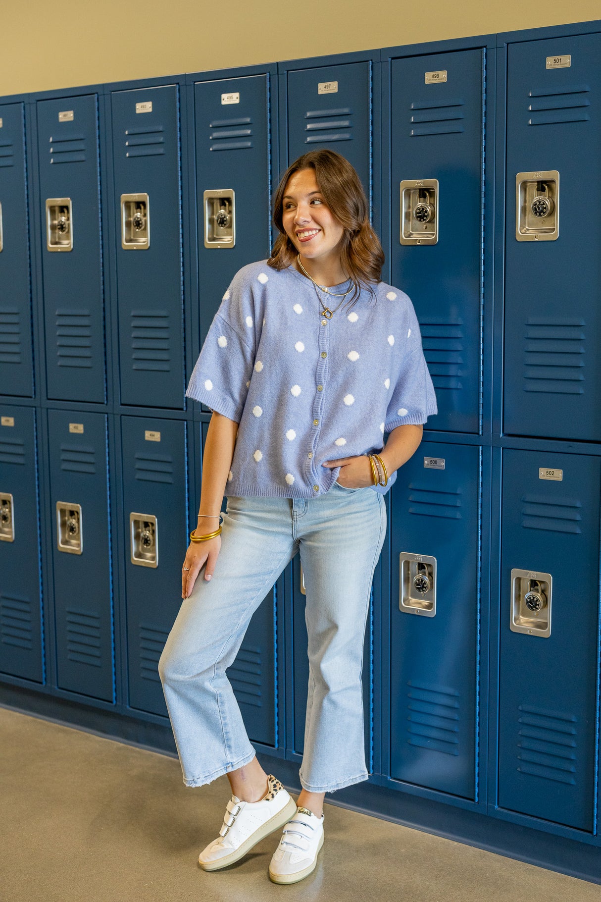Short Sleeve Crew Neck Polka Dot Sweater Cardigan