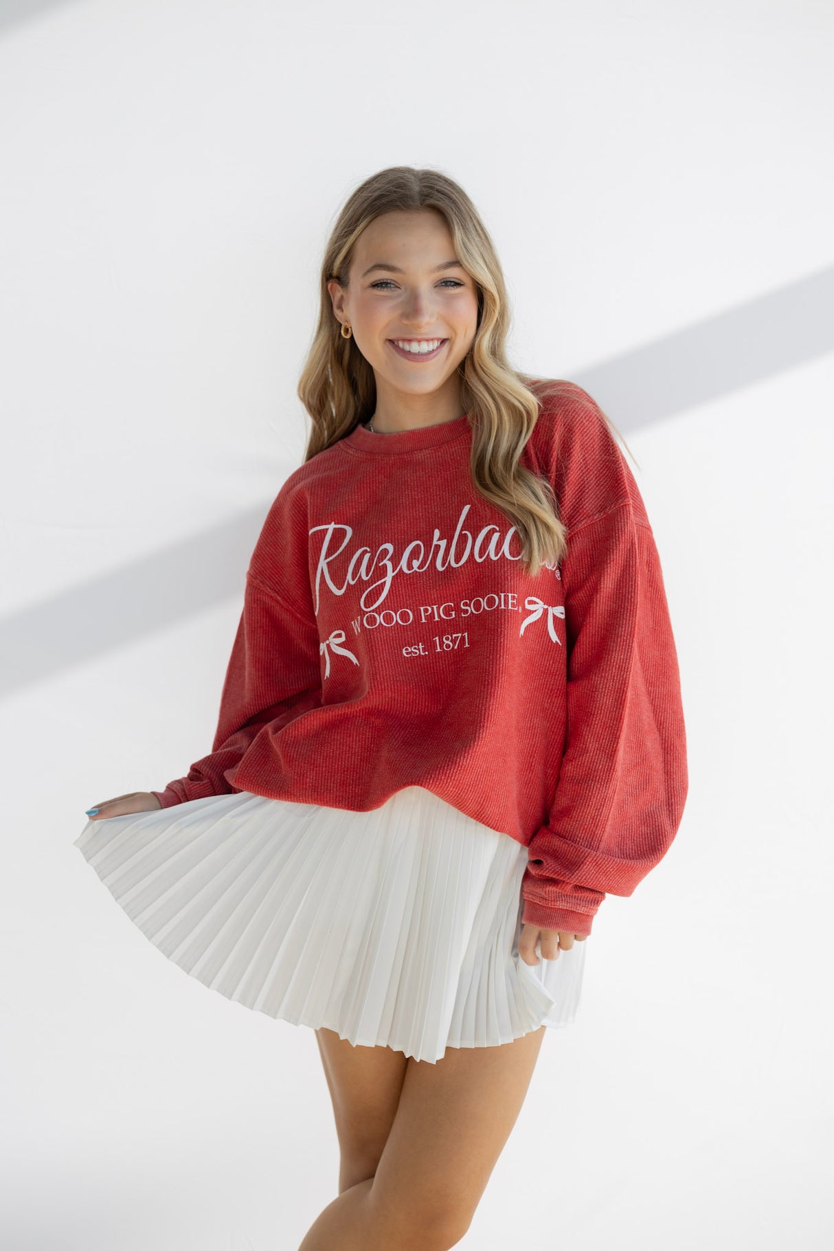 ARKANSAS RAZORBACK BOW CORDED SWEATSHIRT
