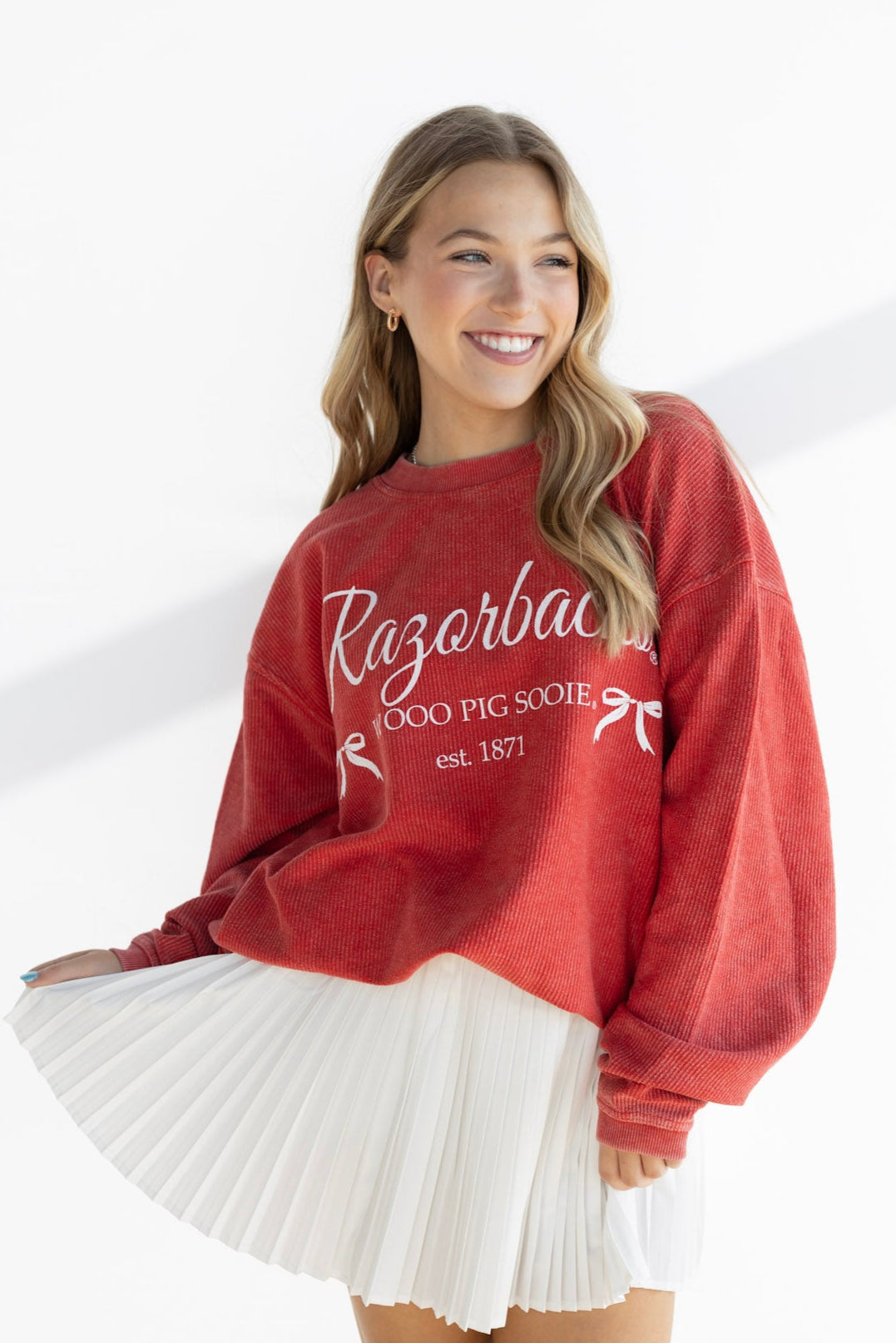 ARKANSAS RAZORBACK BOW CORDED SWEATSHIRT