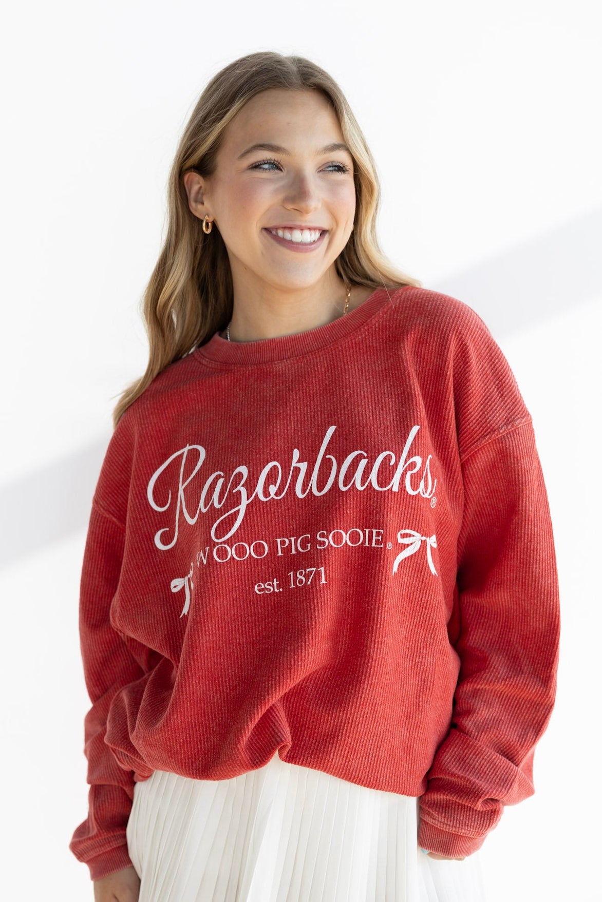 ARKANSAS RAZORBACK BOW CORDED SWEATSHIRT