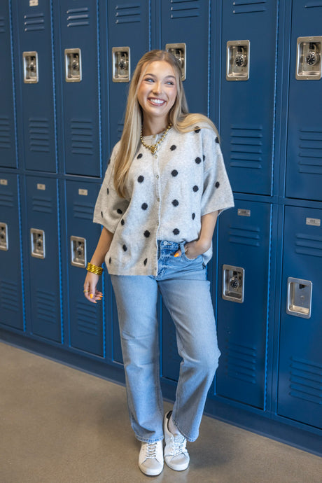 Short Sleeve Crew Neck Polka Dot Sweater Cardigan