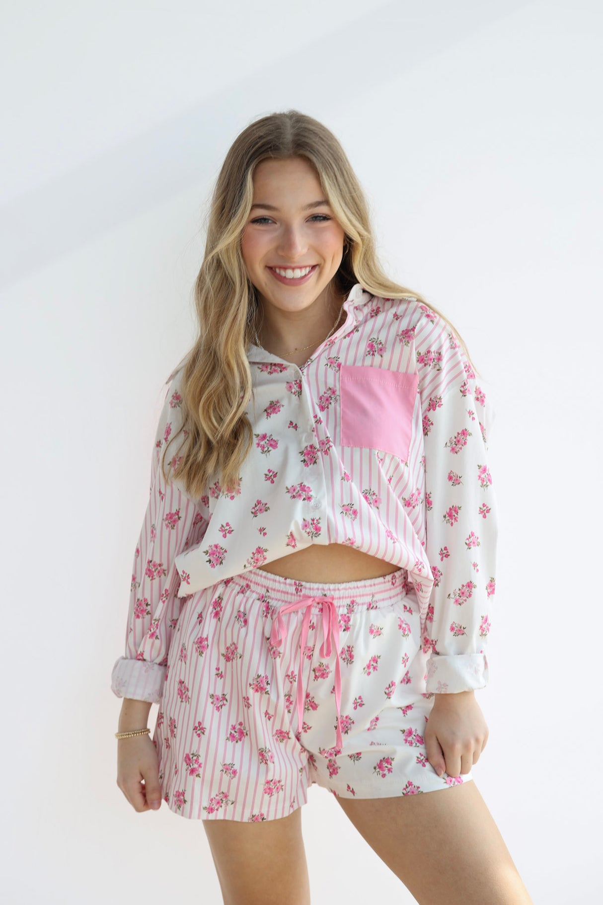 FLORAL STRIPE MIX PJ SHORTS