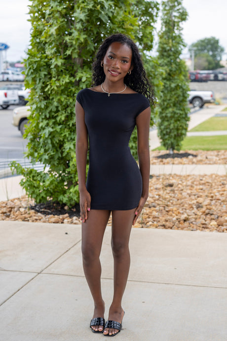 Ribbed Boat Neck Mini Dress