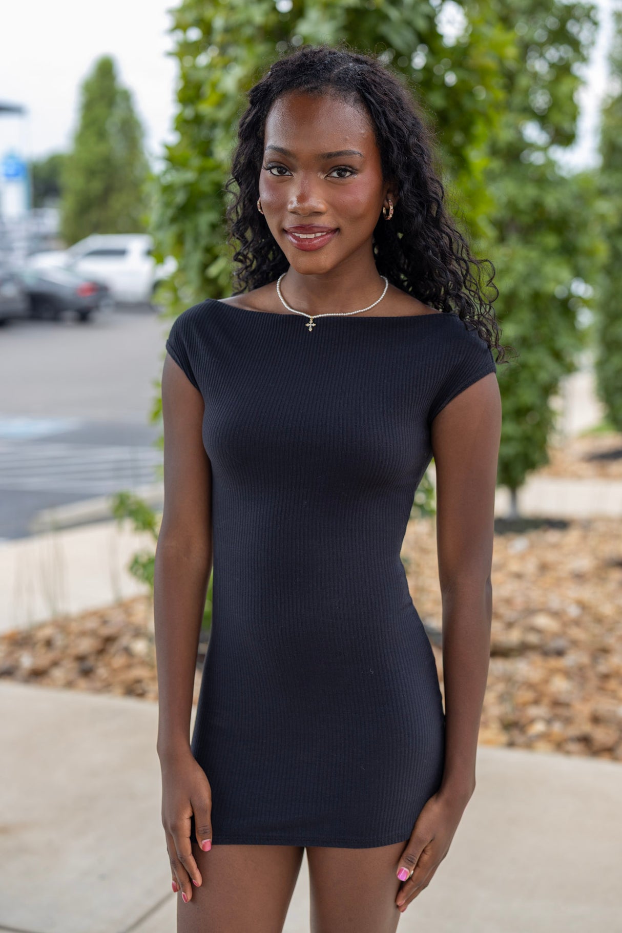 Ribbed Boat Neck Mini Dress