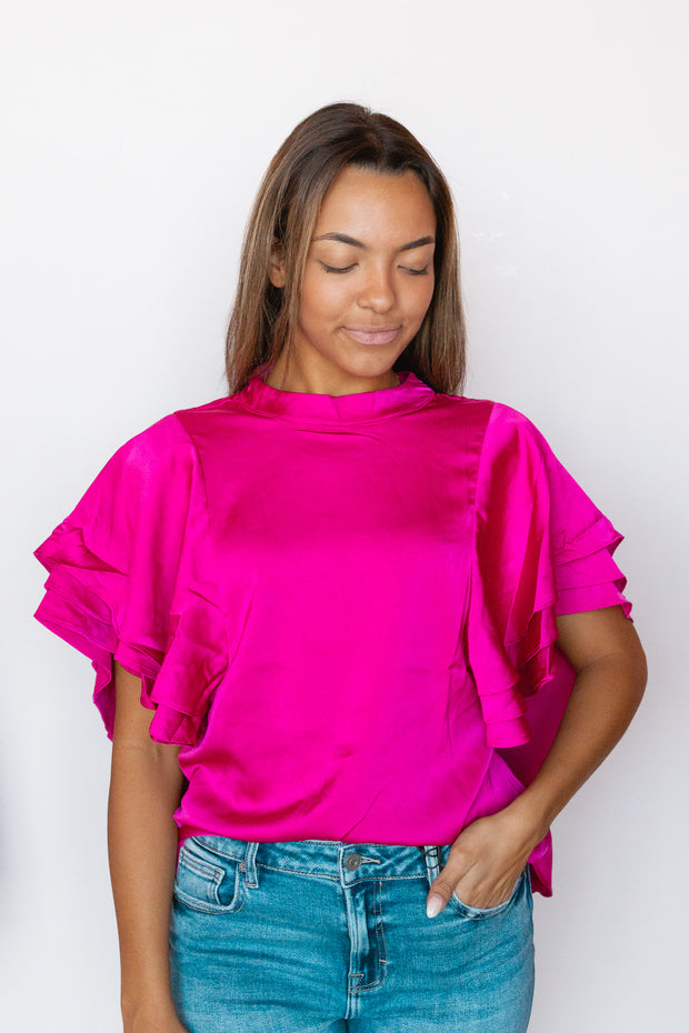 KYLA SATIN RUFFLE SLEEVE TOP