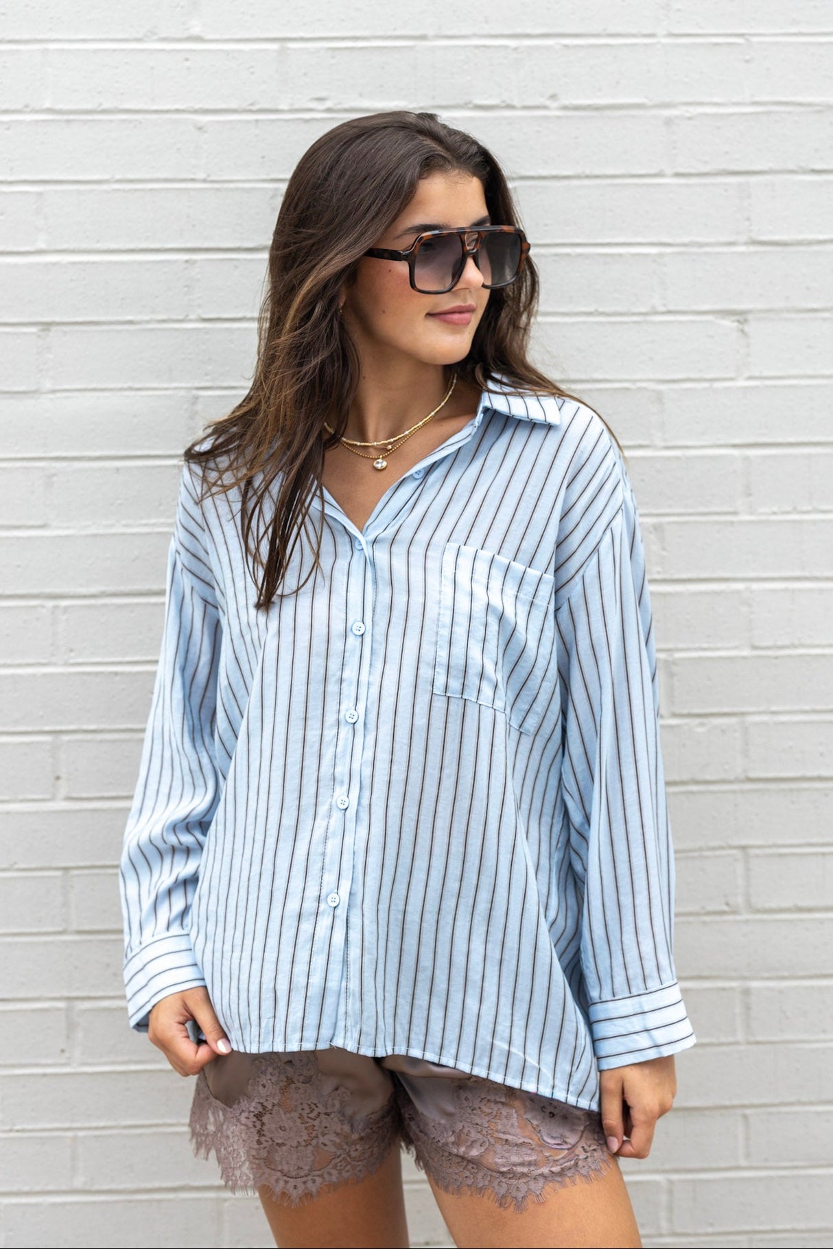 Striped Button Down Shirt with One Front Pocket