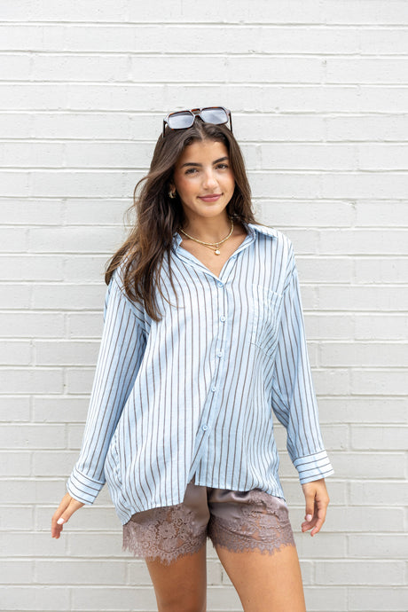 Striped Button Down Shirt with One Front Pocket