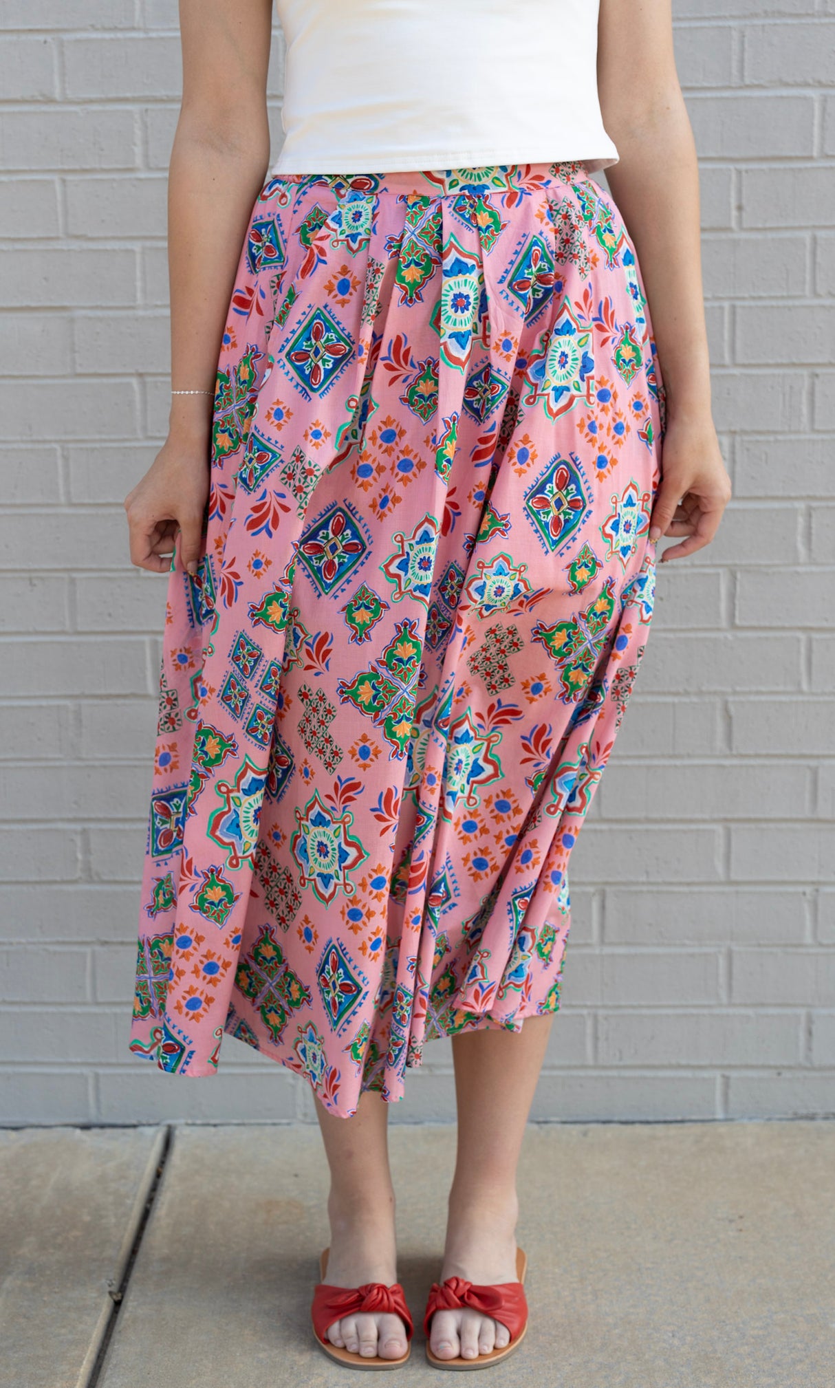 Majolica Tile Print Pleated Midi Skirt