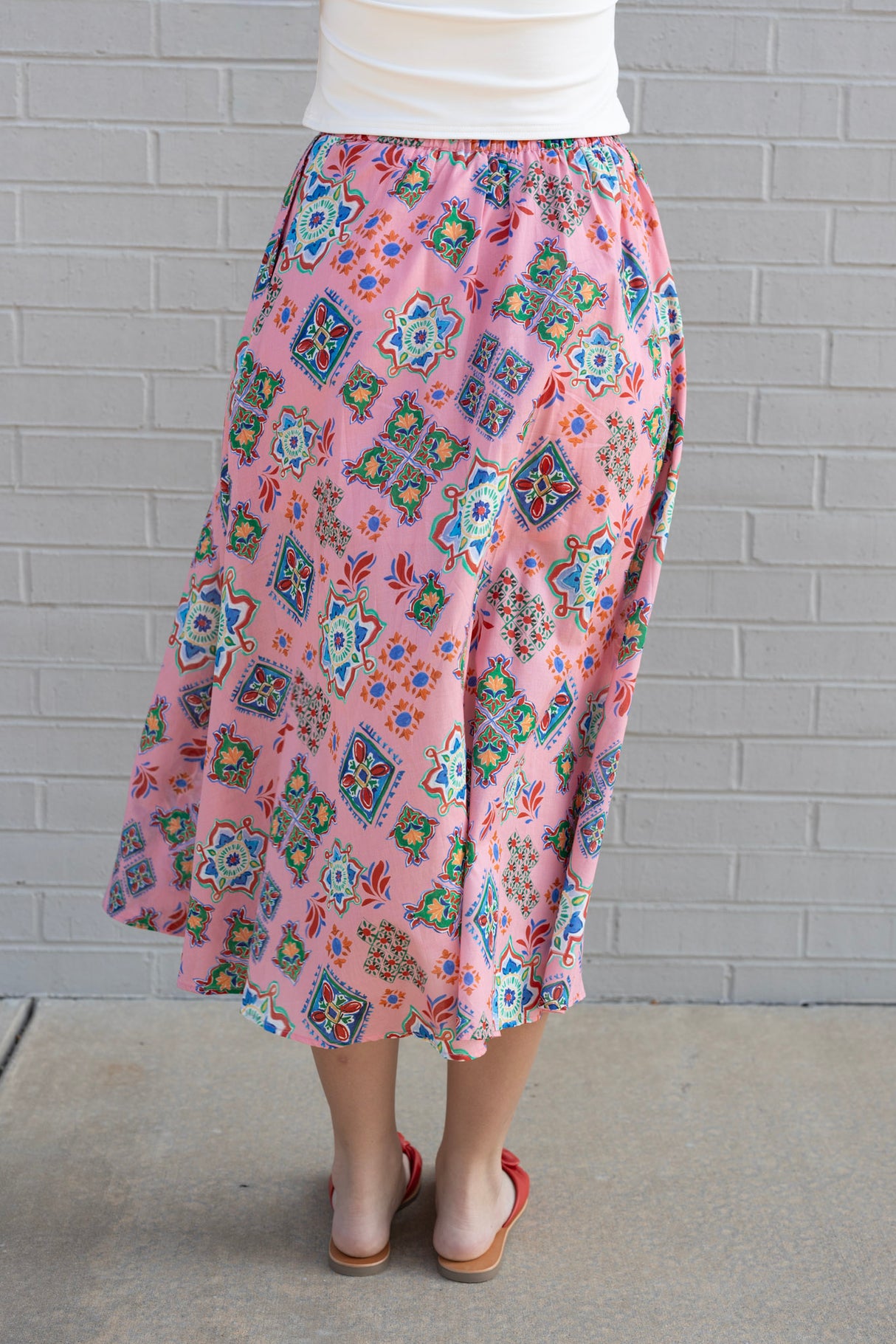 Majolica Tile Print Pleated Midi Skirt