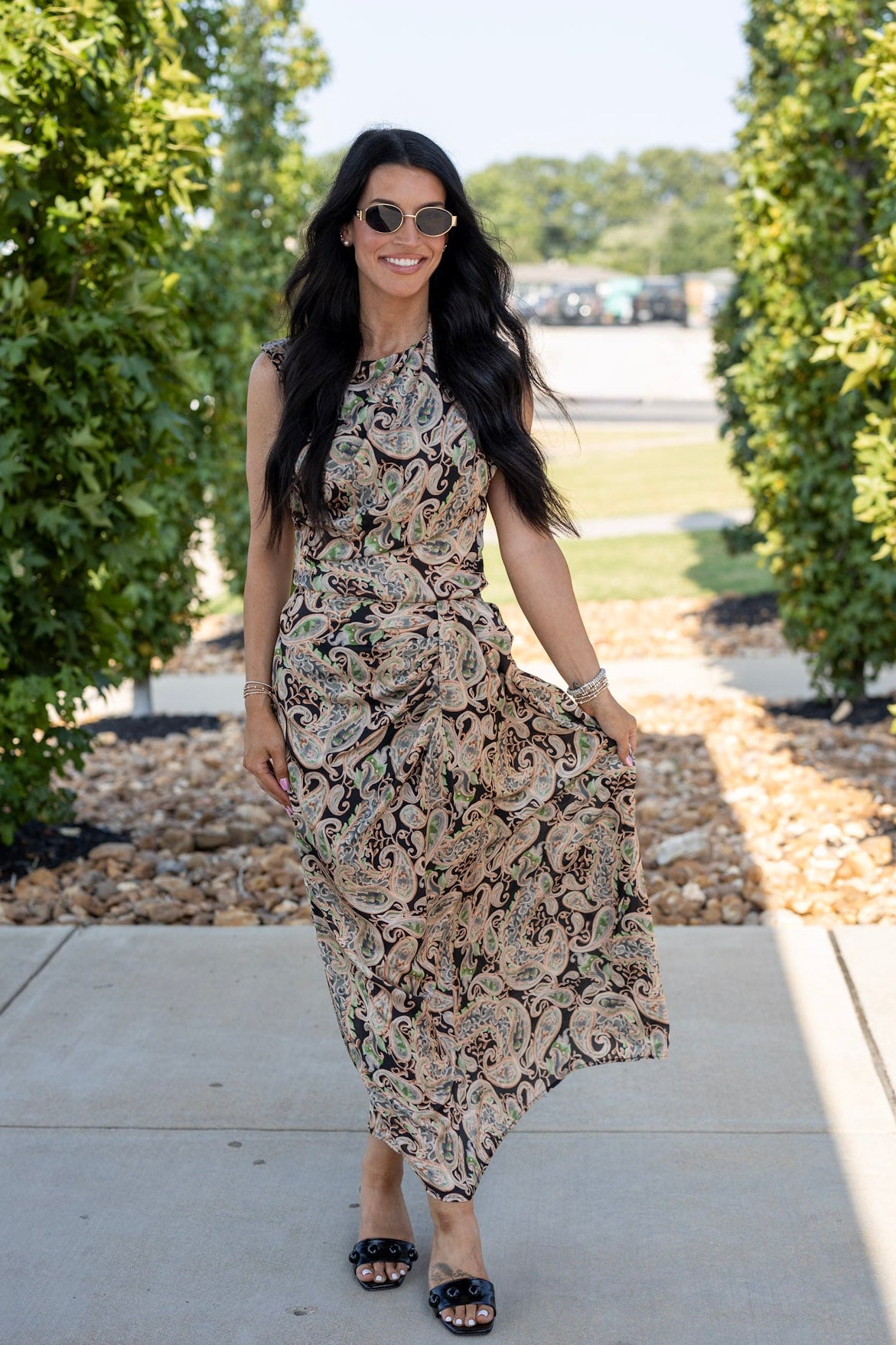 Posh Paisley Draped Neckline Sleeveless Top