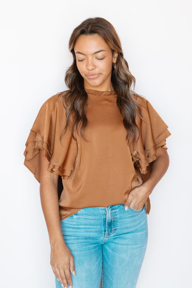 KYLA SATIN RUFFLE SLEEVE TOP