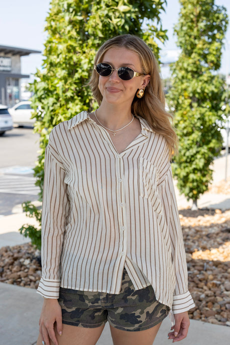 Striped Button Down Shirt with One Front Pocket