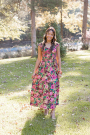 FLORAL SHIRRED MIDI DRESS