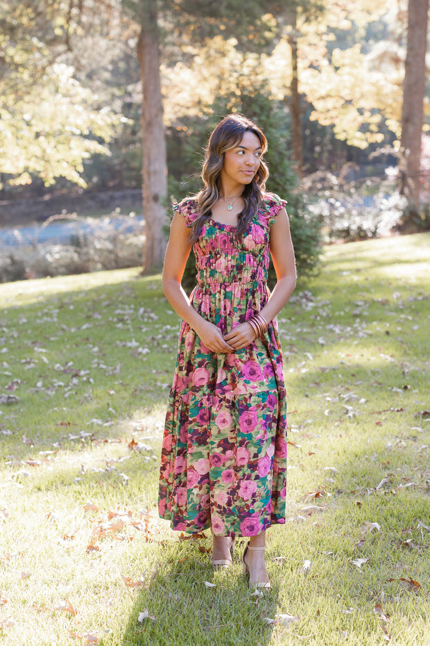 FLORAL SHIRRED MIDI DRESS