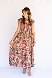 FLORAL SHIRRED MIDI DRESS