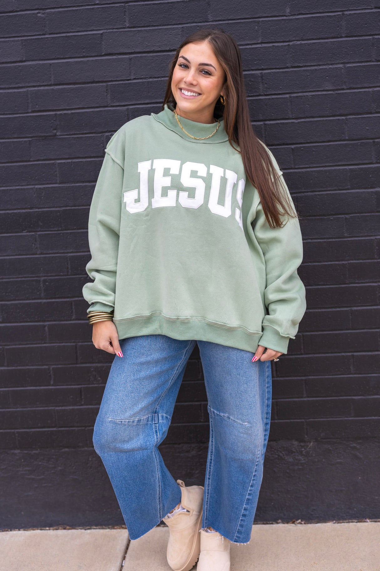 Jesus Embroidered Mock Neck Sweatshirt