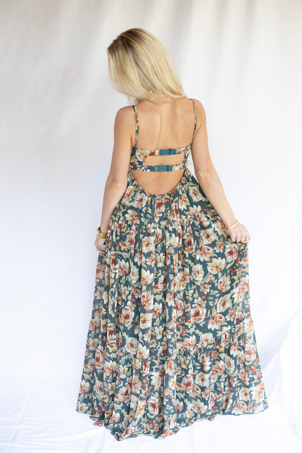 OPEN BACK FLORAL MAXI DRESS