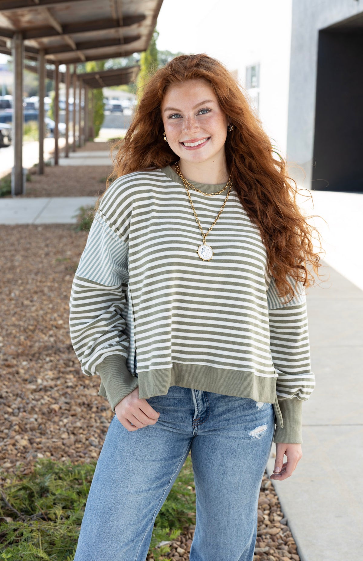 Scooped Neckline Stripe Sweatshirt