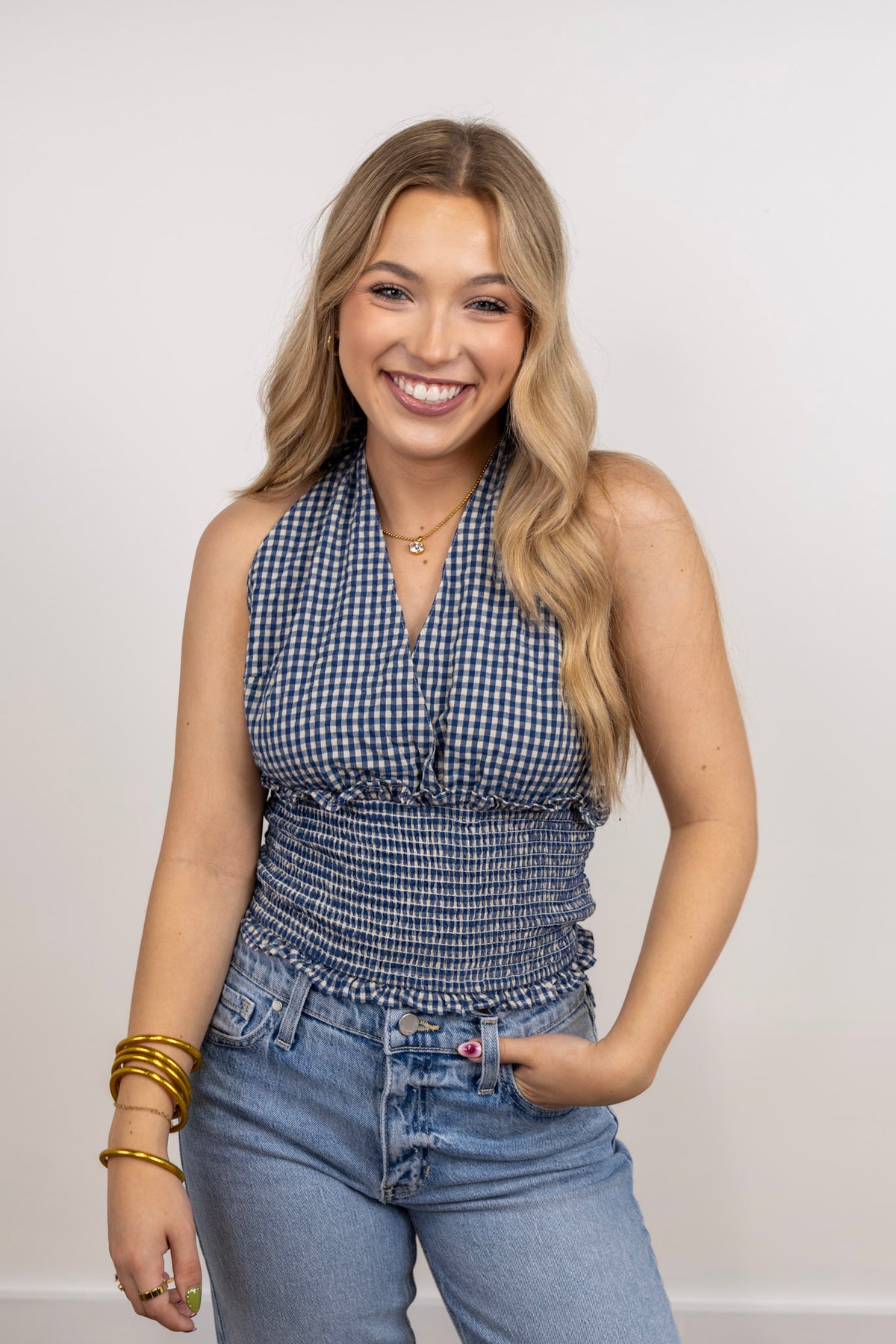 Gingham Woven Smock Waist Halter Top